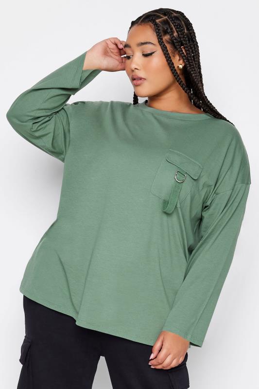 LIMITED COLLECTION Plus Size Green Utility Pocket Long Sleeve T-Shirt | Yours Clothing 1