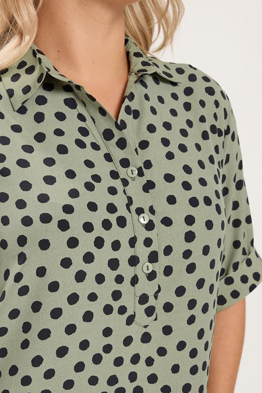 YOURS Plus Size Khaki Green Polka Dot Half Placket Shirt | Yours Clothing 4