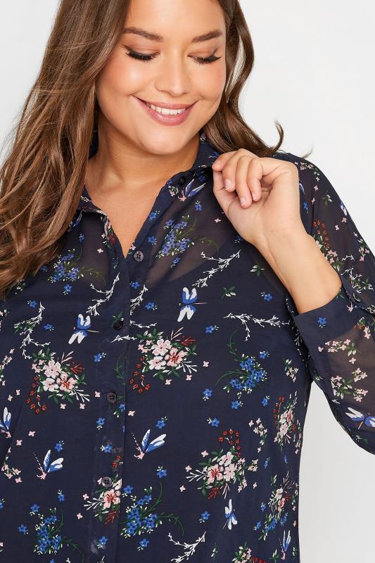 Plus Size Navy Blue Floral Print Button Through Shirt | Yours Clothing 5