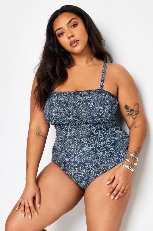 YOURS Plus Size Blue Aztec Print Shirred Tummy Control Swimsuit | Yours Clothing 1