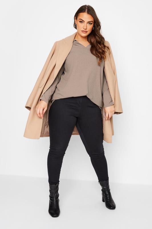 Curve Beige Brown Long Sleeve V Neck Collar Top | Yours Clothing 2