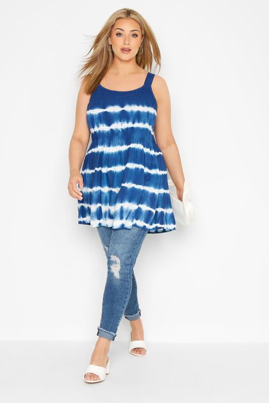Plus Size Blue Tie Dye Shirred Peplum Vest Top | Yours Clothing 2