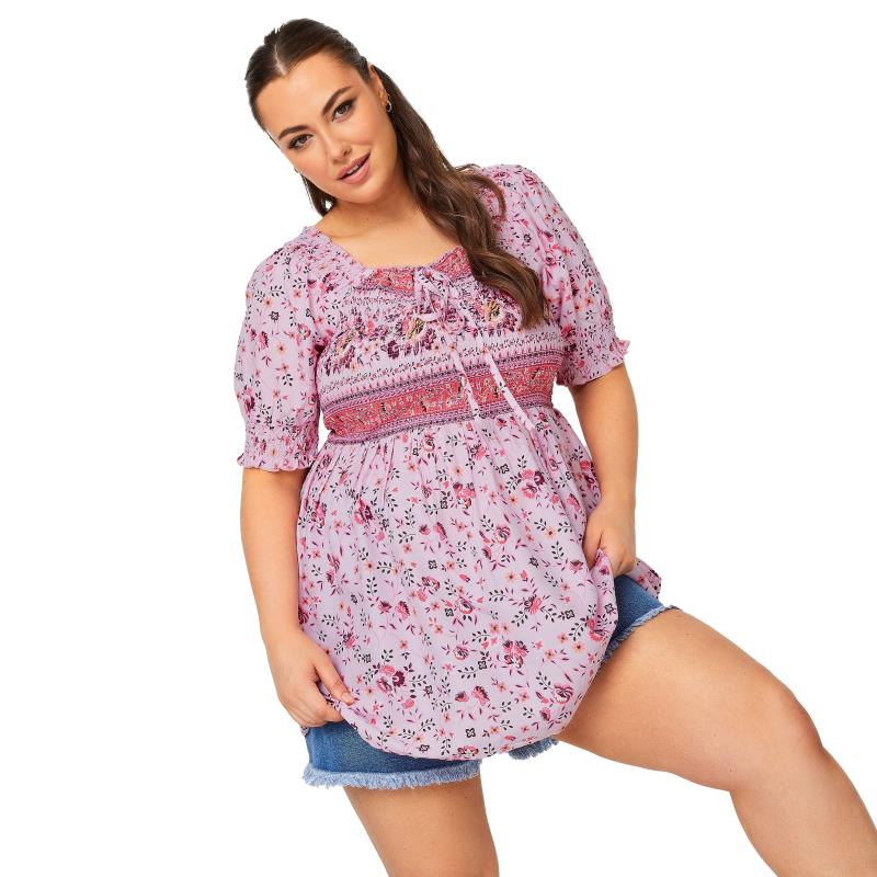 LIMITED COLLECTION Curve Plus Size Pink Ditsy Floral Print Shirred Top | Yours Clothing  8
