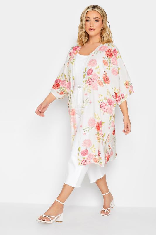 YOURS Plus Size White Floral Print Longline Kimono | Yours Clothing 2