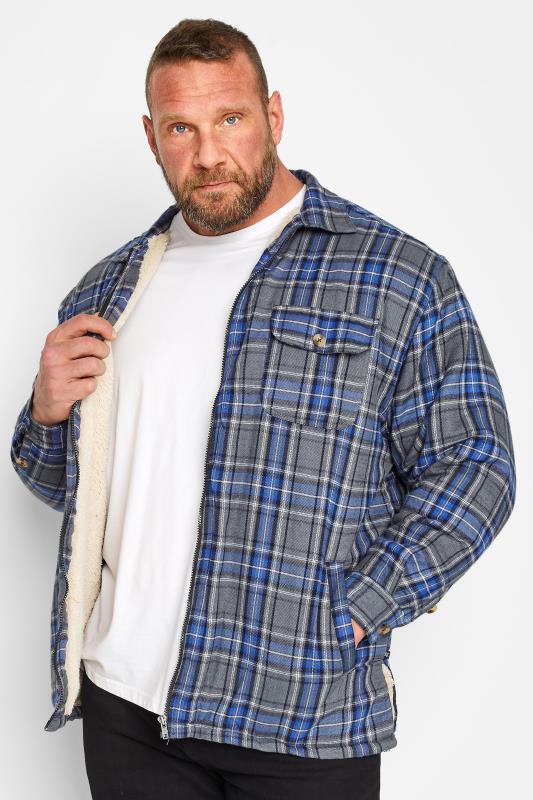  dla puszystych KAM Big & Tall Charcoal Grey Zip Through Sherpa Lined Check Shirt