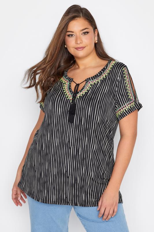 Plus Size Black Stripe Embroidered Tie Neck Top | Yours Clothing  1
