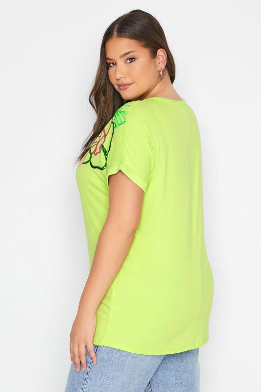 Plus Size Lime Green Floral Embellished Sequin T-Shirt | Yours Clothing 3