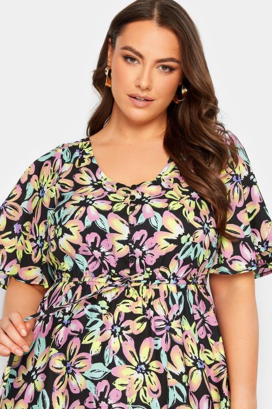 YOURS Plus Size Black Neon Floral Tiered Midi Dress | Yours Clothing 4