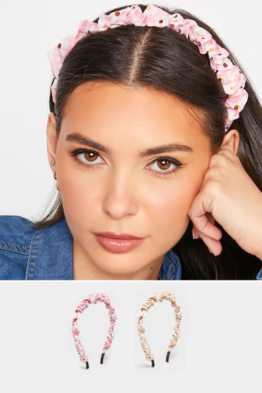 2 PACK Pink Floral Ruched Headbands | Yours Clothing 1