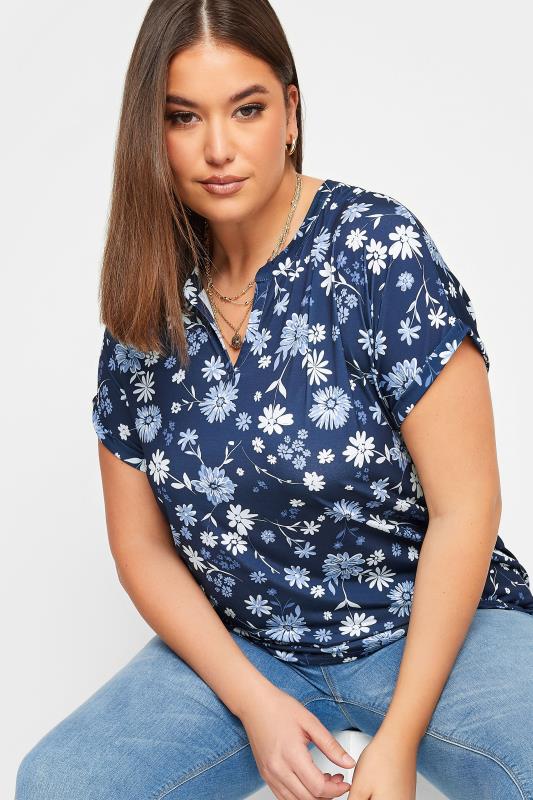 YOURS Curve Plus Size Navy Blue Floral V-Neck T-Shirt | Yours Clothing  4