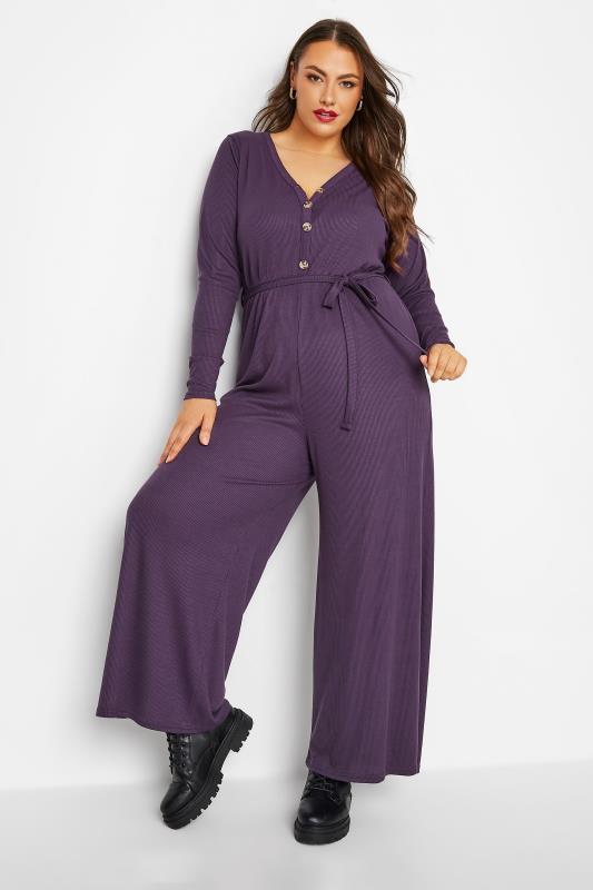 LIMITED COLLECTION Plus Size Purple Ribbed Wide Leg Jumpsuit | Yours Clothing 2