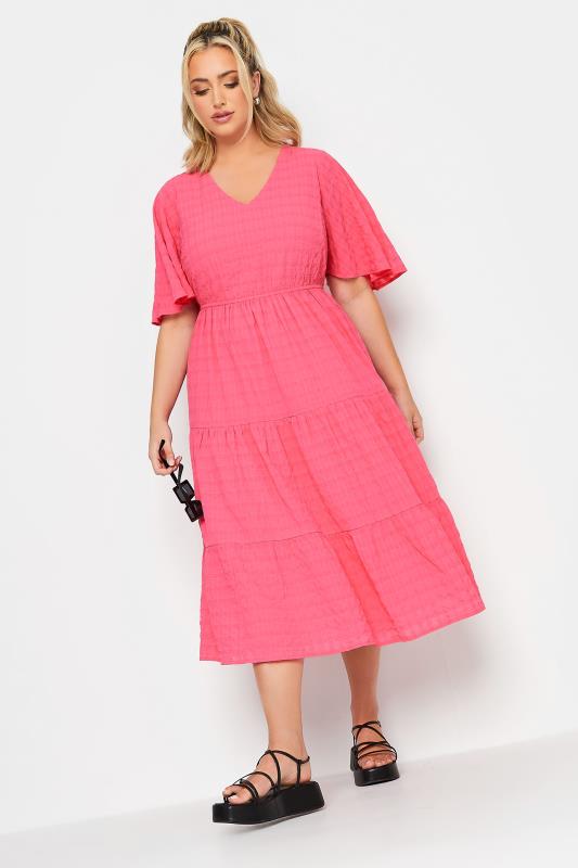 LIMITED COLLECTION Curve Plus Size Hot Pink Textured Tiered Smock Dress | Yours Clothing  1