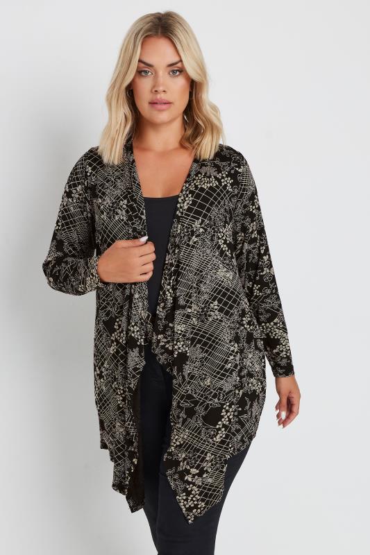 YOURS Plus Size Black Abstract Floral Print Waterfall Cardigan | Yours Clothing 1