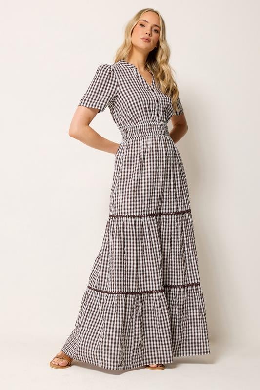 LTS Tall Women's Chocolate Brown Gingham Cotton Maxi Dress | Long Tall Sally 1