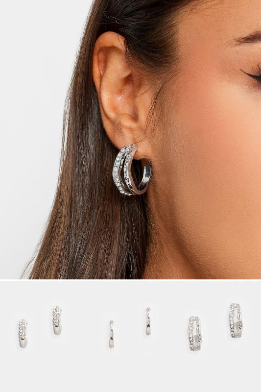 3 PACK Silver Diamante Hoop Earrings | Yours Clothing 1