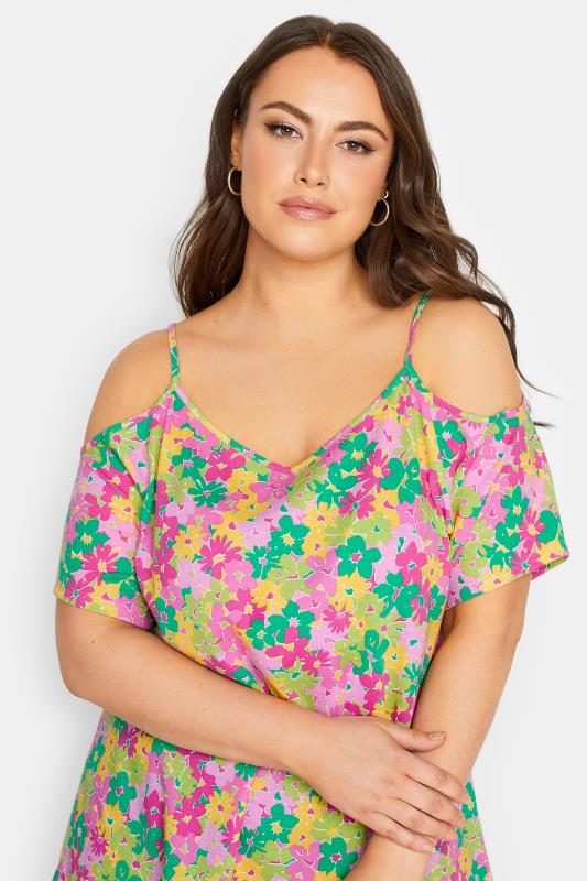 YOURS Curve Plus Size Pink Floral Cold Shoulder T-Shirt | Yours Clothing  4