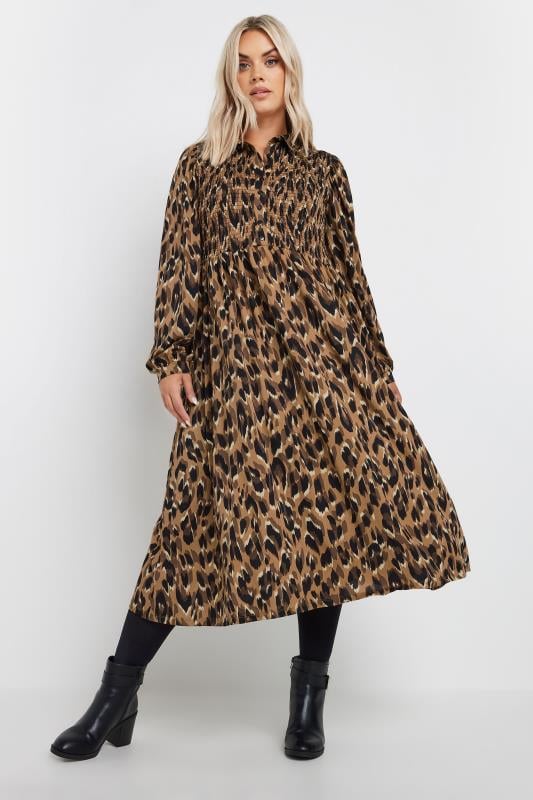 YOURS Plus Size Brown Leopard Print Shirred Midaxi Dress | Yours Clothing 3