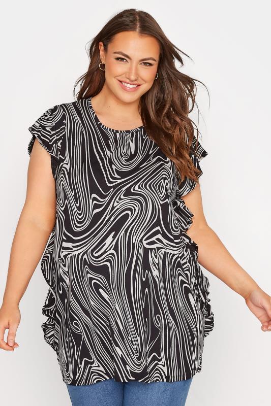 Plus Size  Curve Black Marble Frill Sleeve Top