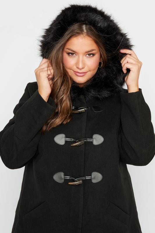 Plus Size Black Faux Fur Trim Duffle Coat | Yours Clothing 5