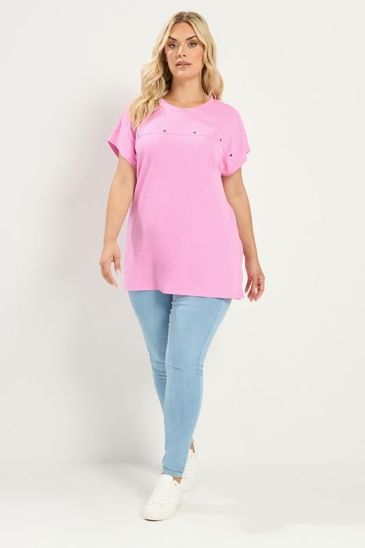 YOURS Plus Size Pink Stud Grown-On Sleeve T-Shirt | Yours Clothing 1