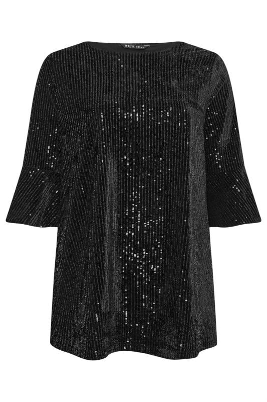 YOURS Plus Size Black Sequin Embellished Velvet Top | Yours Clothing 6