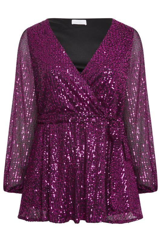 YOURS LONDON Plus Size Pink Sequin Wrap Top | Yours Clothing 6