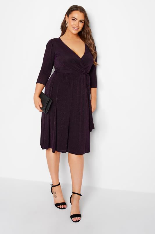 YOURS LONDON Curve Black & Purple Glitter Wrap Dress | Yours Clothing 2