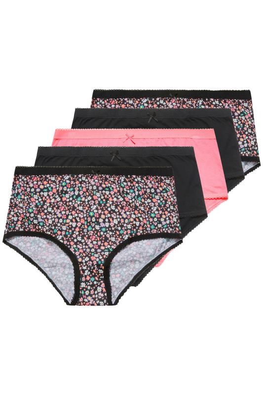 5 PACK Curve Pink & Black Ditsy Floral High Waisted Full Briefs 2