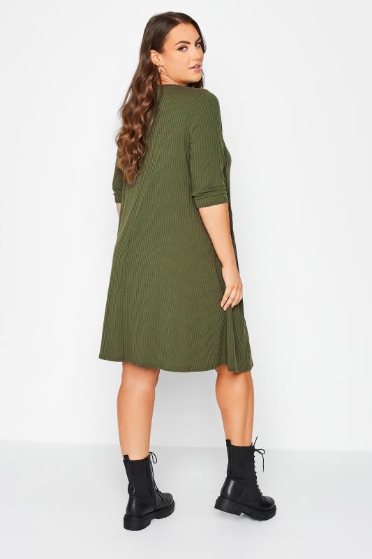 Curve Khaki Green Ribbed Drape Pocket Dress | Yours Clothing 3