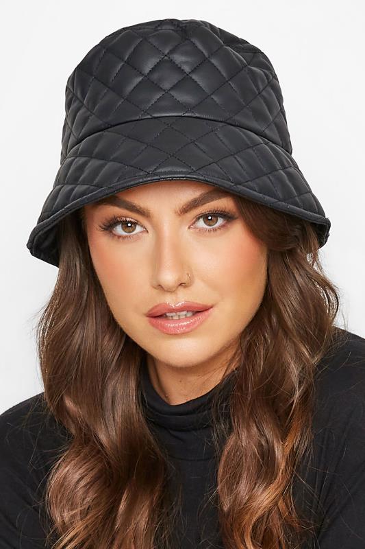 Black Leather Look Quilted Bucket Hat | Yours Clothing 1