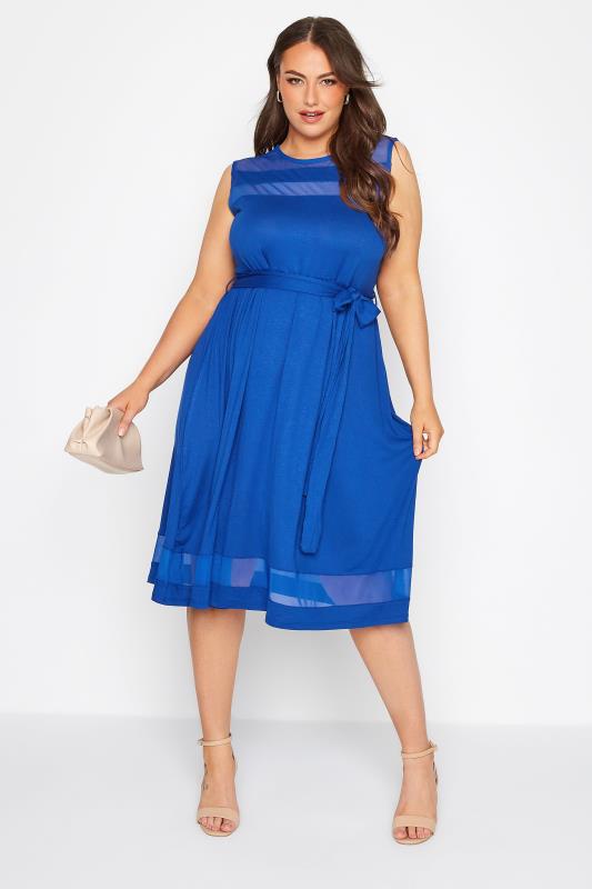 Plus Size Cobalt Blue Mesh Panel Skater Dress | Yours Clothing  1