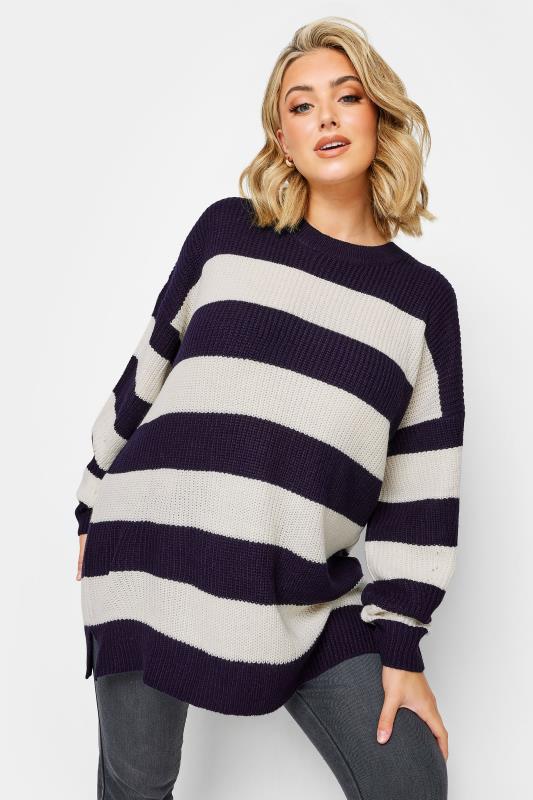 Plus Size  YOURS Curve Navy Blue Stripe Ribbed Knit Jumper