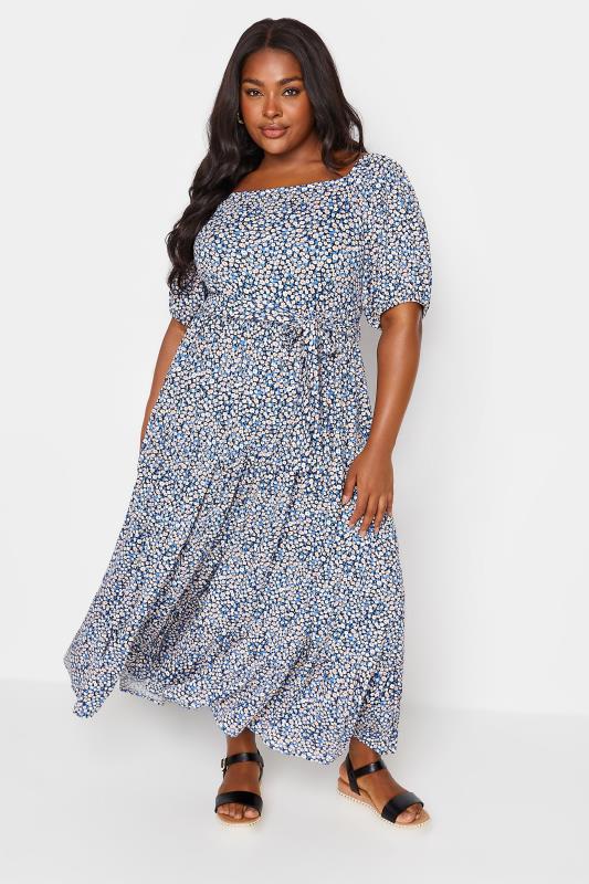 YOURS Plus Size Blue Ditsy Floral Tiered Maxi Dress | Yours Clothing 1