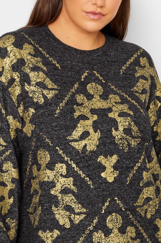 YOURS LUXURY Plus Size Curve Charcoal Grey & Gold Filigree Print Soft Touch Jumper 5