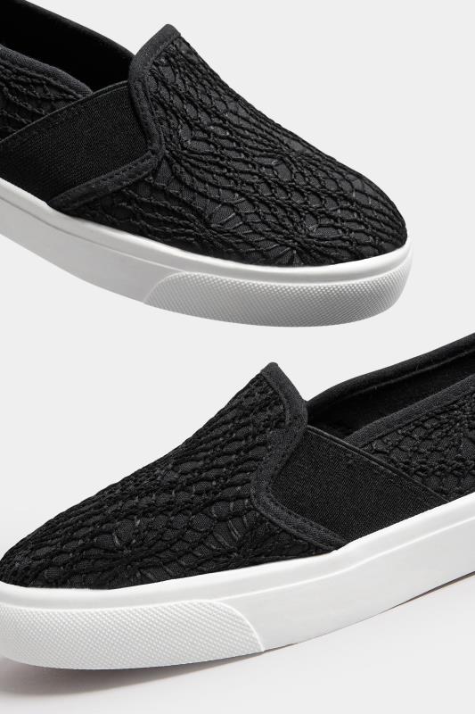 Black Broderie Anglaise Slip-On Trainers In Wide E Fit | Yours Clothing 5