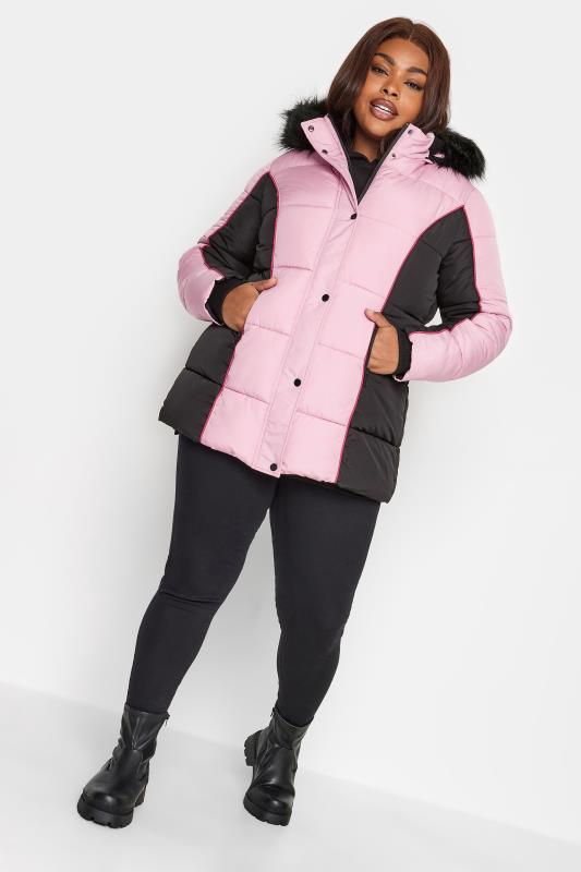 YOURS Plus Size Pink & Black Colourblock Hooded Puffer Jacket | YOURS Clothing 2