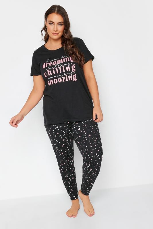 YOURS Plus Size Black 'Dreaming Chilling Snoozing' Slogan Pyjama Set | Yours Clothing 2