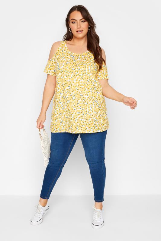 Curve White & Yellow Ditsy Print Cold Shoulder Top 3