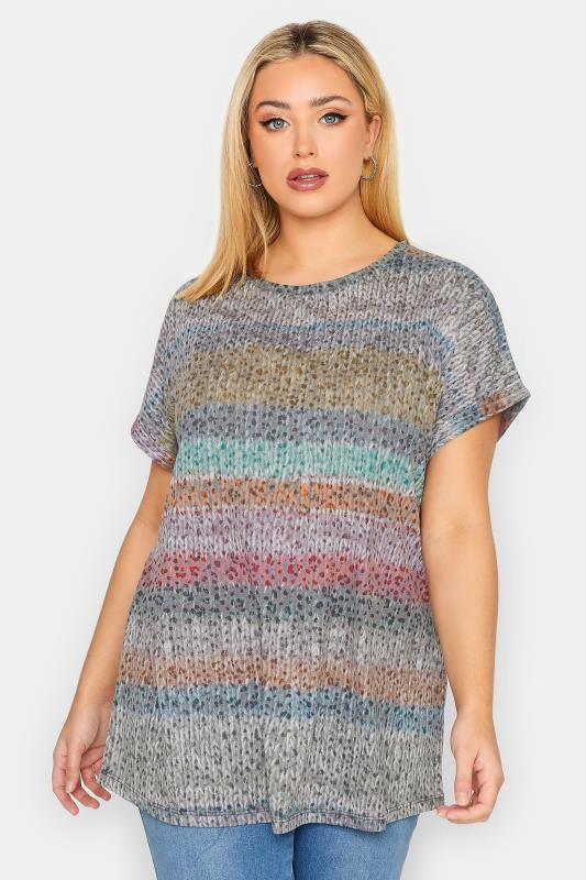 Plus Size  YOURS Curve Grey Stripe Animal Print T-Shirt