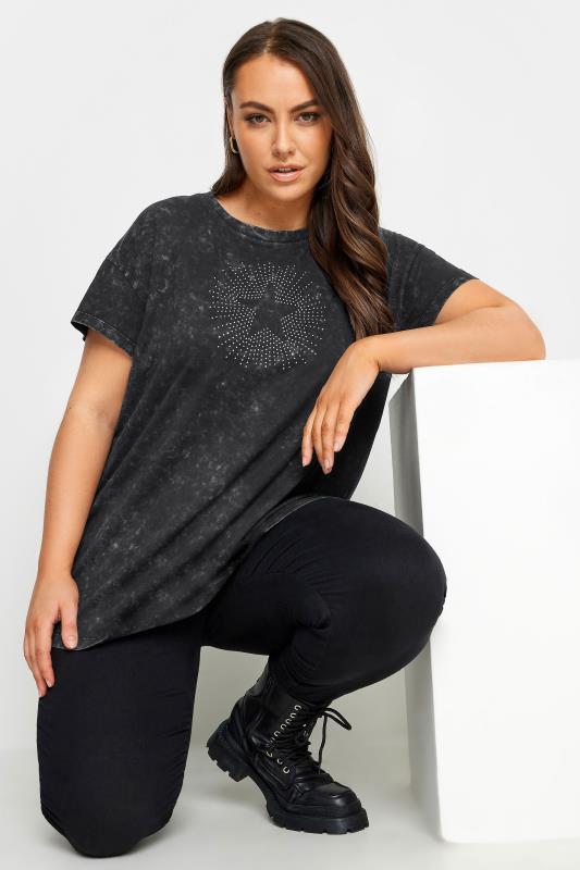 YOURS Plus Size Charcoal Grey Acid Wash Star Stud T-Shirt | Yours Clothing 1