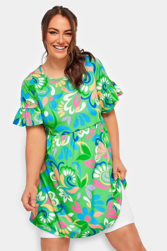 YOURS Curve Green Floral Print Smock Tunic Dress | Yours Clothing 1