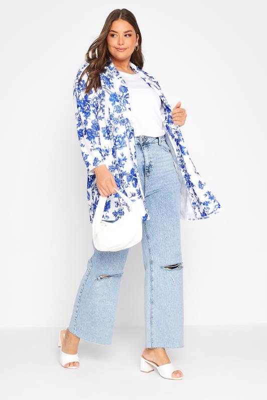 YOURS Curve Plus Size White & Blue Floral Print Blazer | Yours Clothing 2