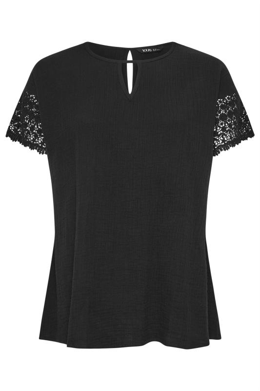 YOURS Plus Size Black Cheesecloth Crochet Top | Yours Clothing 5