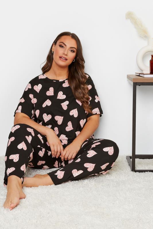 Curve Plus Size Black & Pink Animal Print Love Heart Pyjama Set  2