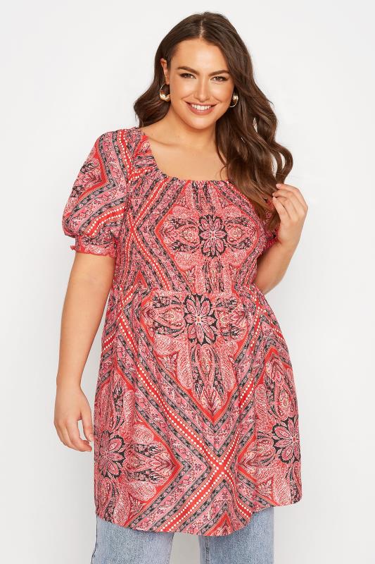 Plus Size Pink Paisley Print Square Neck Shirred Top | Yours Clothing 2