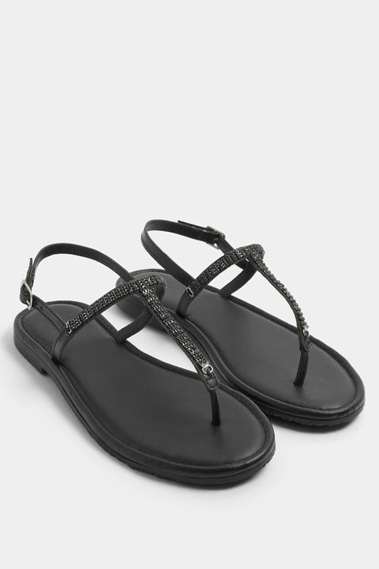  Sandales noires à entredoigt avec détails strass, coupe extra-large EEE