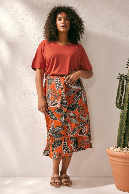 Plus Size  EVANS Curve Rust Orange Leaf Print Linen Midi Skirt