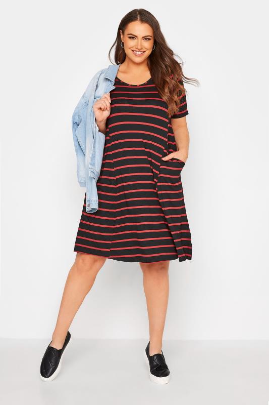 Curve Black & Red Stripe Drape Pocket Dress 2