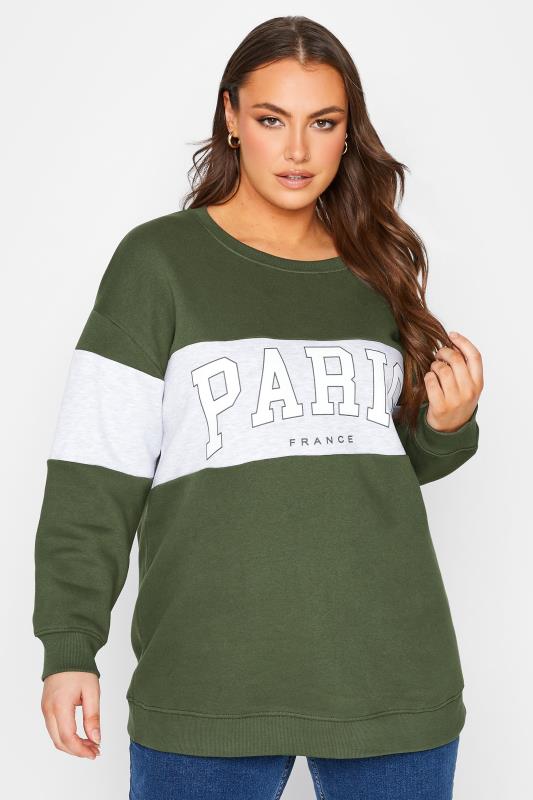 Plus Size Green Colour Block 'Paris' Slogan Varsity Sweatshirt | Yours Clothing 1