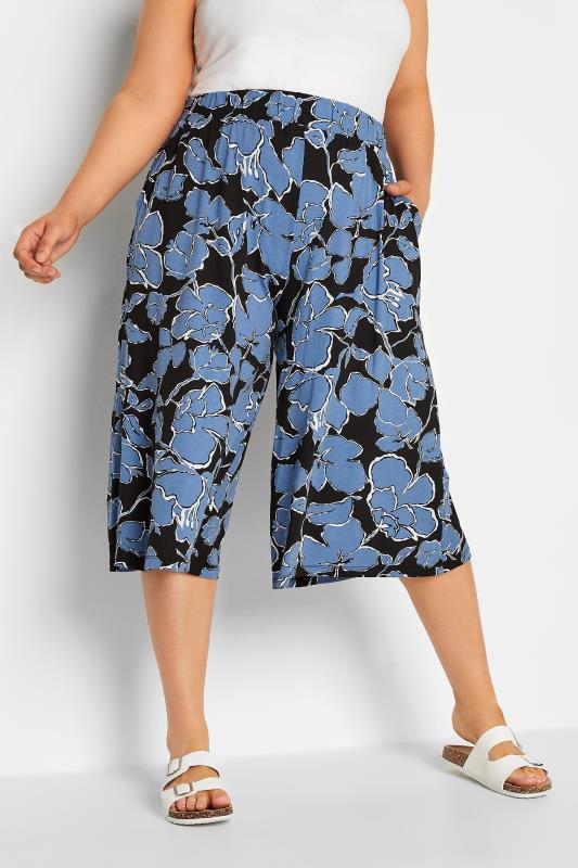 YOURS Curve Black Leaf Print Culottes | Yours Clothing 1